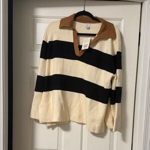 A New Day Striped Collared Black and Cream Sweater
